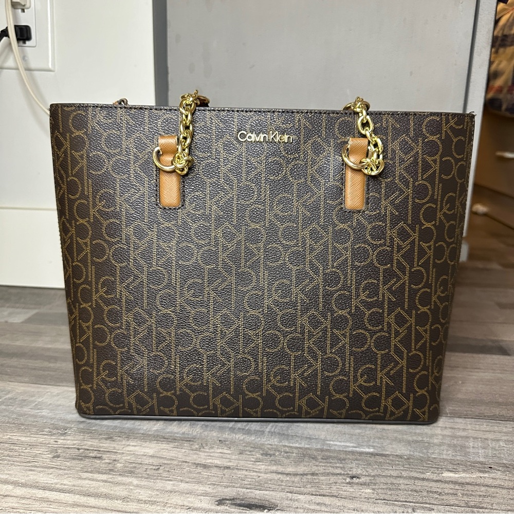 Calvin Klein Monogram Brown Tote Gold Chain Should Strap Bag Purse Handbag